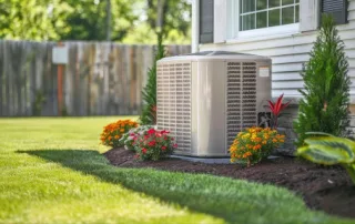 Outdoor HVAC unit surrounded by fresh spring landscaping, representing seasonal HVAC maintenance, clean air filters, and system inspection.