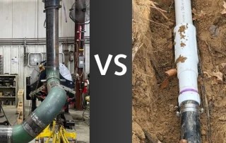 Side-by-side visual comparison of industrial Process Piping system and underground residential plumbing pipe