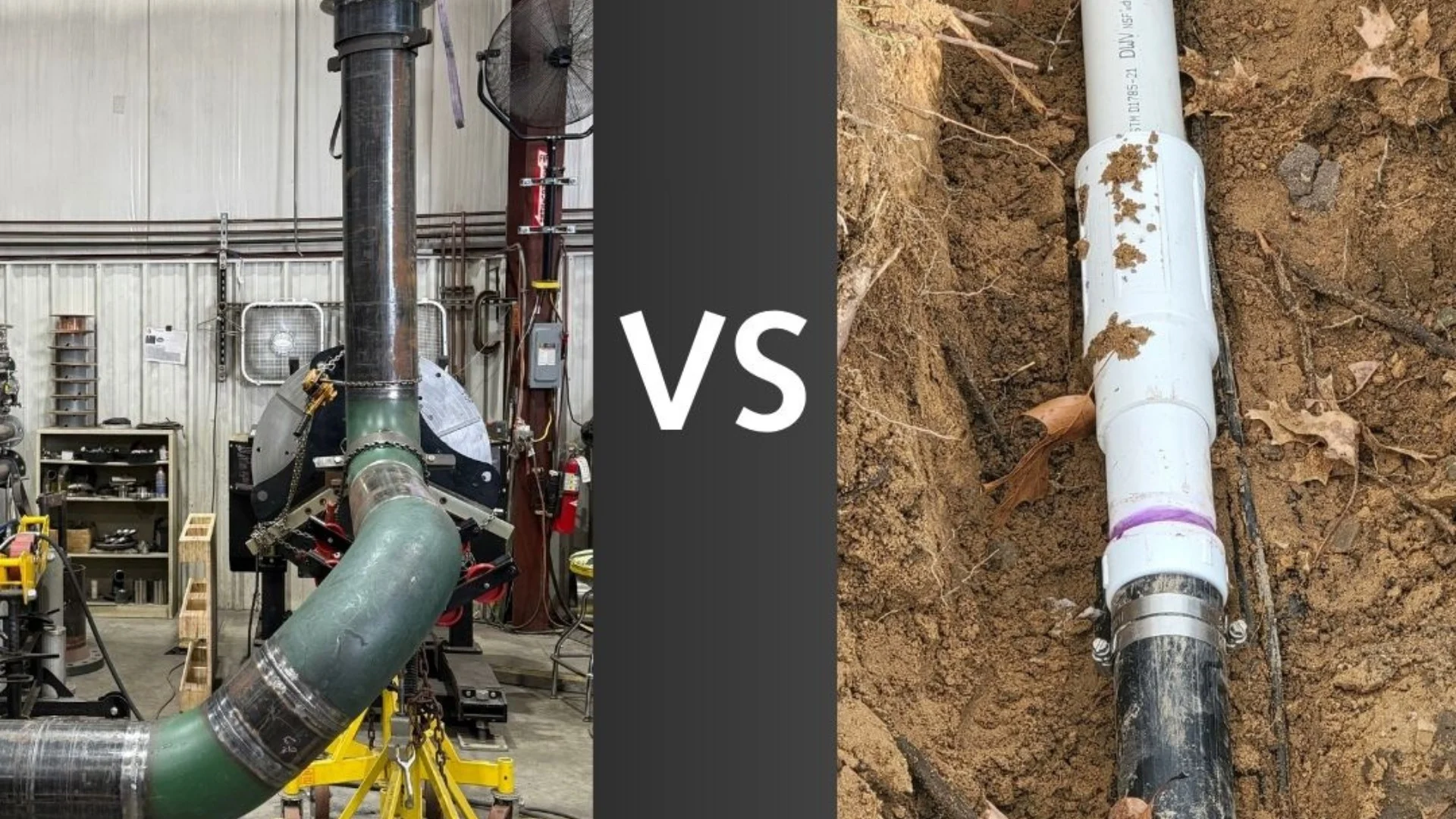 Side-by-side visual comparison of industrial Process Piping system and underground residential plumbing pipe