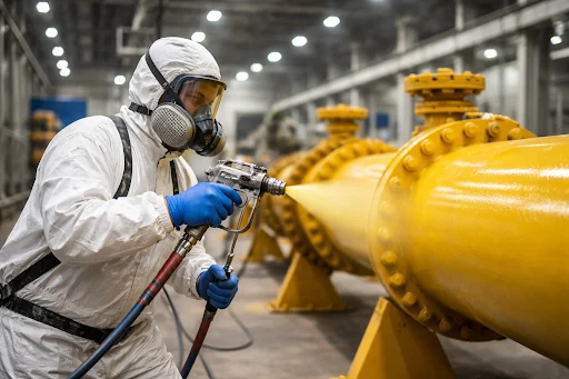 Industrial painter spray coating large steel pipeline with protective yellow industrial paint.